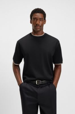 Mercerised-cotton T-shirt with striped cuffs, Black