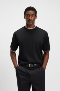Mercerised-cotton T-shirt with striped cuffs, Black