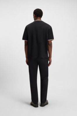 Mercerised-cotton T-shirt with striped cuffs, Black