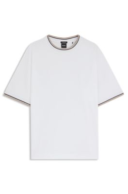 T-shirt i merceriseret bomuld med stribede manchetter, Hvid
