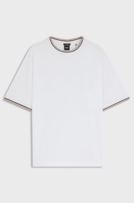 Mercerised-cotton T-shirt with striped cuffs, White