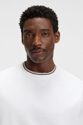 Mercerised-cotton T-shirt with striped cuffs, White