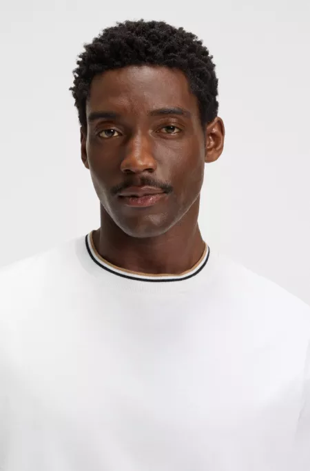 T-shirt en coton mercerisé avec bords des manches à rayures