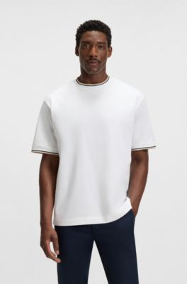 T-shirt i merceriseret bomuld med stribede manchetter, Hvid