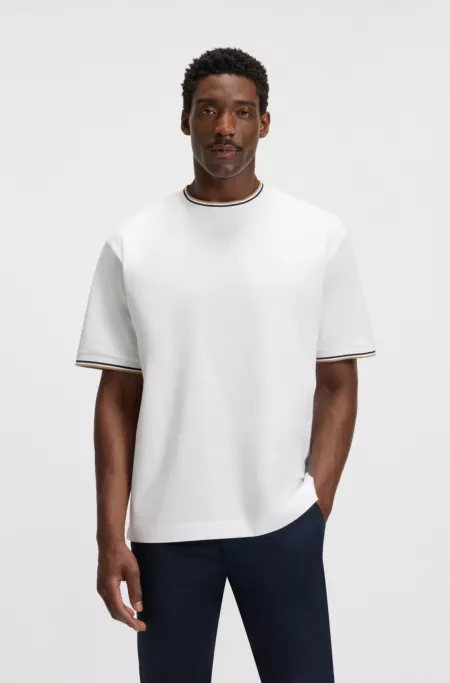 T-shirt en coton mercerisé avec bords des manches à rayures