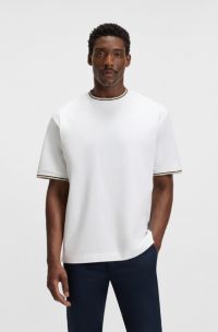 Mercerised-cotton T-shirt with striped cuffs, White