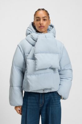 Water-repellent padded jacket with detachable sleeves and scarf, Light Blue
