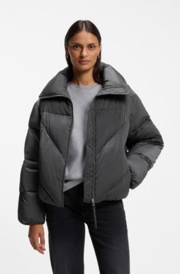 Zipped puffer jacket in lustrous fabric, Dark Grey