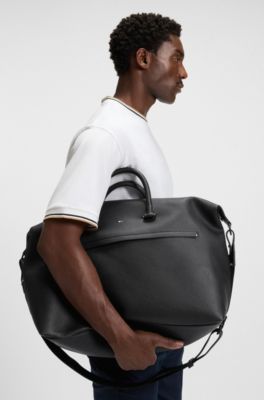 Grainy faux-leather holdall with detachable strap, Black