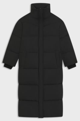 Long puffer jacket with water-repellent finish, Black