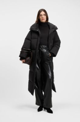 Long puffer jacket with water-repellent finish, Black