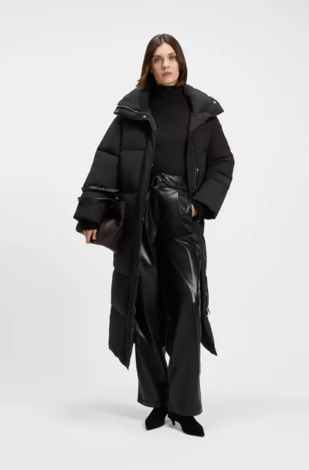 Long puffer jacket with water-repellent finish