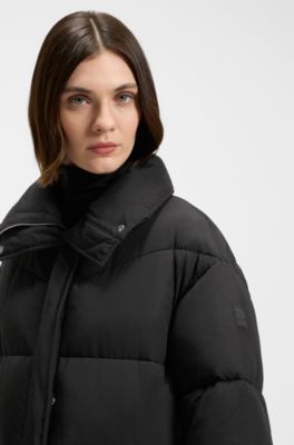 Long puffer jacket with water-repellent finish, Black