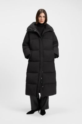 Long puffer jacket with water-repellent finish, Black