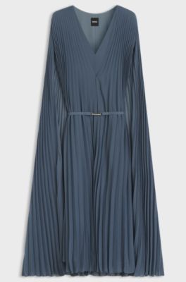 Vestido com cinto em chiffon enrugado com sobreposi&ccedil;&atilde;o, Blue