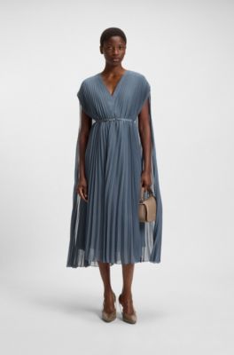 Vestido com cinto em chiffon enrugado com sobreposi&ccedil;&atilde;o, Blue