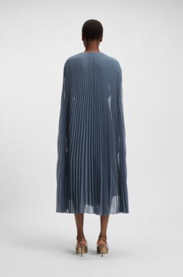 Jurk van gekreukte chiffon met overlay en ceintuur, Blauw