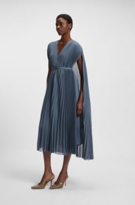 Jurk van gekreukte chiffon met overlay en ceintuur, Blauw