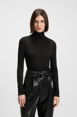 Rollkragen-Longsleeve aus Stretch-Jersey, Schwarz