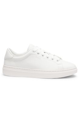 Leather trainers with embossed logos, White