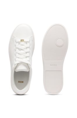 Leather trainers with embossed logos, White