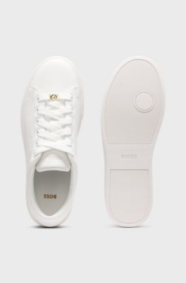 Leather trainers with embossed logos, White