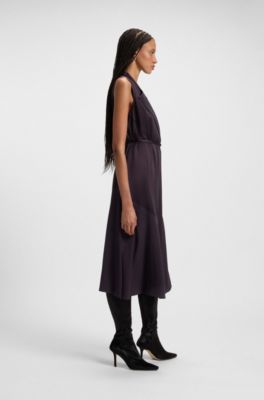 Wrap-front dress in lustrous sable, Dark Purple