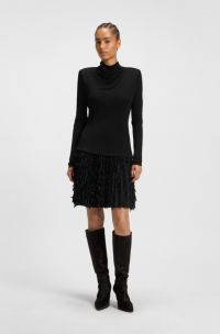 Jersey dress with feathered plissé pleats, Black
