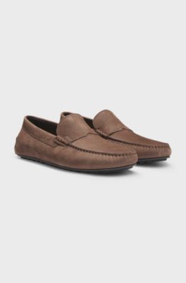 Nubuck-leather loafers with driver sole, Dark Brown
