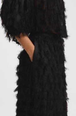 Pantalon Wide en jacquard motif plumes, Noir