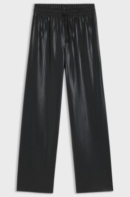 Relaxed-fit broek van gestreept imitatieleer met wijde pijpen, Zwart