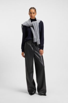 Pantaloni relaxed fit a gamba larga in similpelle a righe, Nero