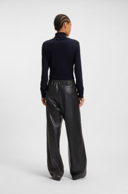 Relaxed-fit wide-leg trousers in striped faux leather, Black