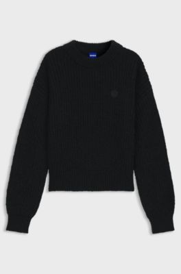 Relaxed-fit knitted sweater with Happy HUGO badge, Black