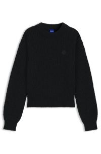 Relaxed-fit knitted sweater with Happy HUGO badge, Black
