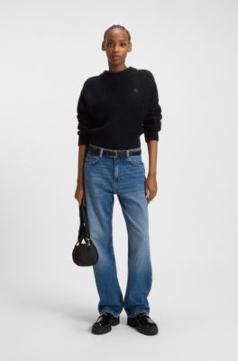 Relaxed-fit knitted sweater with Happy HUGO badge, Black