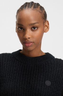 Relaxed-fit knitted sweater with Happy HUGO badge, Black