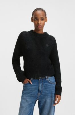 Relaxed-fit knitted sweater with Happy HUGO badge, Black
