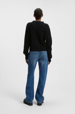 Relaxed-fit knitted sweater with Happy HUGO badge, Black