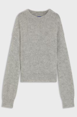 Relaxed-fit knitted sweater with Happy HUGO badge, Light Grey