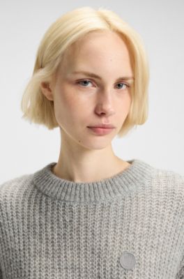 Relaxed-fit knitted sweater with Happy HUGO badge, Light Grey