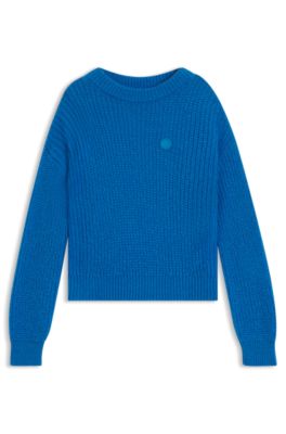 Relaxed-fit knitted sweater with Happy HUGO badge, Blue