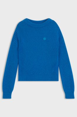 Relaxed-fit knitted sweater with Happy HUGO badge, Blue