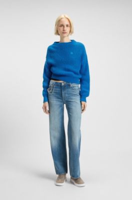 Relaxed-fit knitted sweater with Happy HUGO badge, Blue