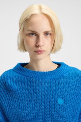 Relaxed-fit knitted sweater with Happy HUGO badge, Blue