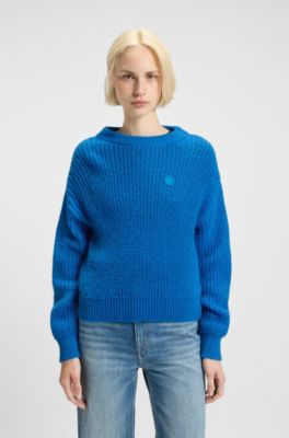 Relaxed-fit knitted sweater with Happy HUGO badge, Blue