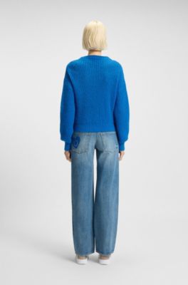 Relaxed-fit knitted sweater with Happy HUGO badge, Blue
