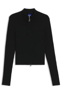 Ribbed cardigan with logo-puller zip, Black