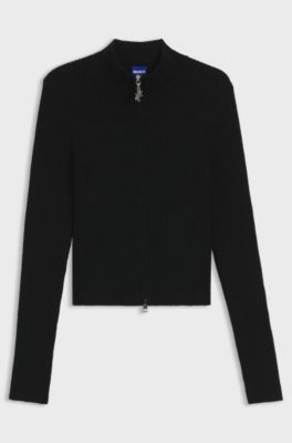 Ribbed cardigan with logo-puller zip, Black