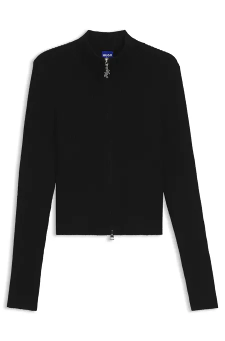 Ribbed cardigan with logo-puller zip